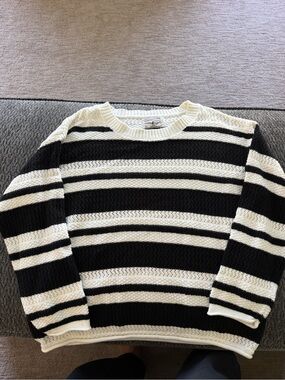Women's Black and White Striped Crewneck Sweater
